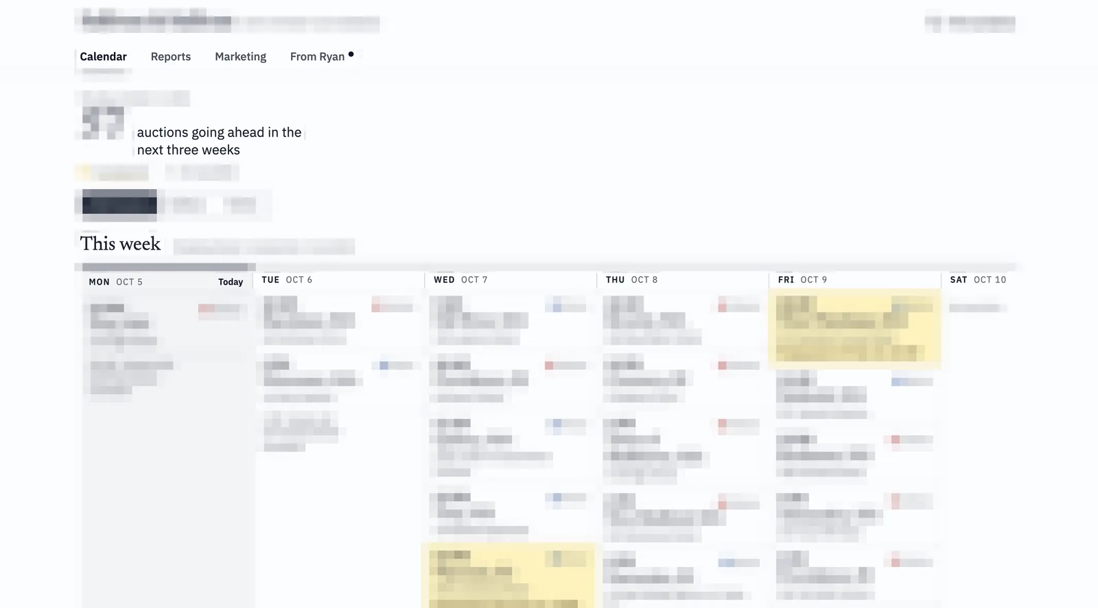 Three-week auction calendar from the owner’s dashboard, with client data blurred